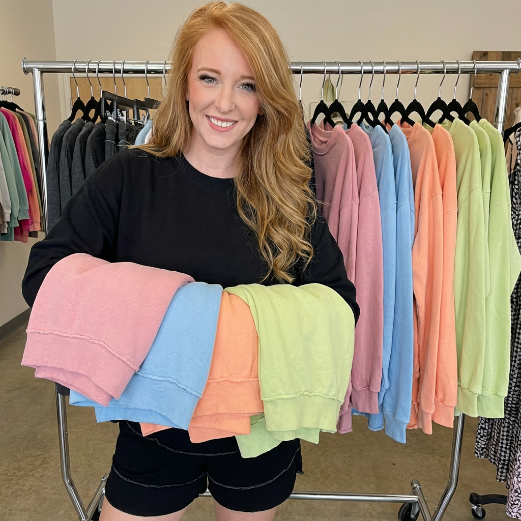 Model holding all color options